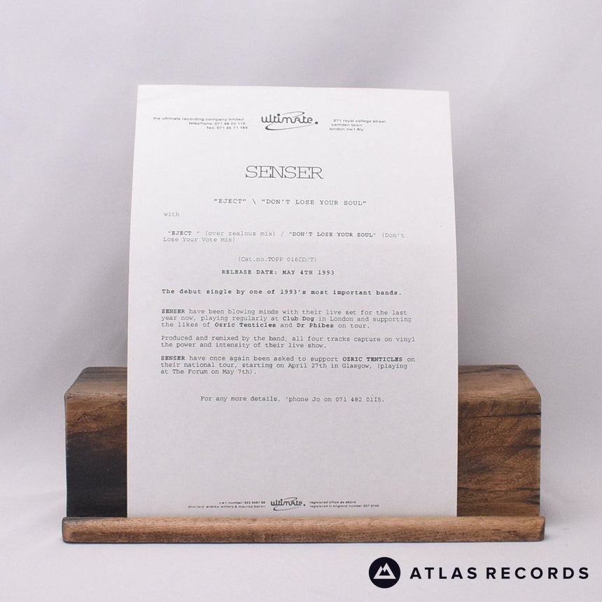 Senser - Eject / Don't Lose Your Soul - Insert 12" Vinyl Record - VG+/EX