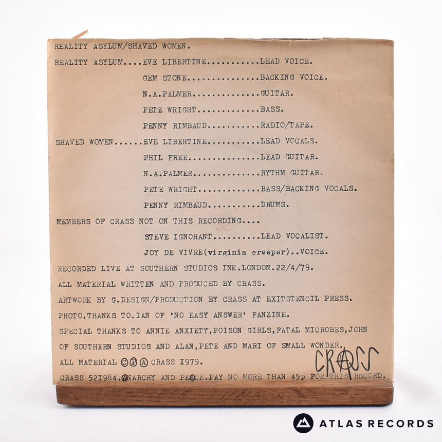 Crass - Reality Asylum - Poster Sleeve 7" Vinyl Record - VG+/EX