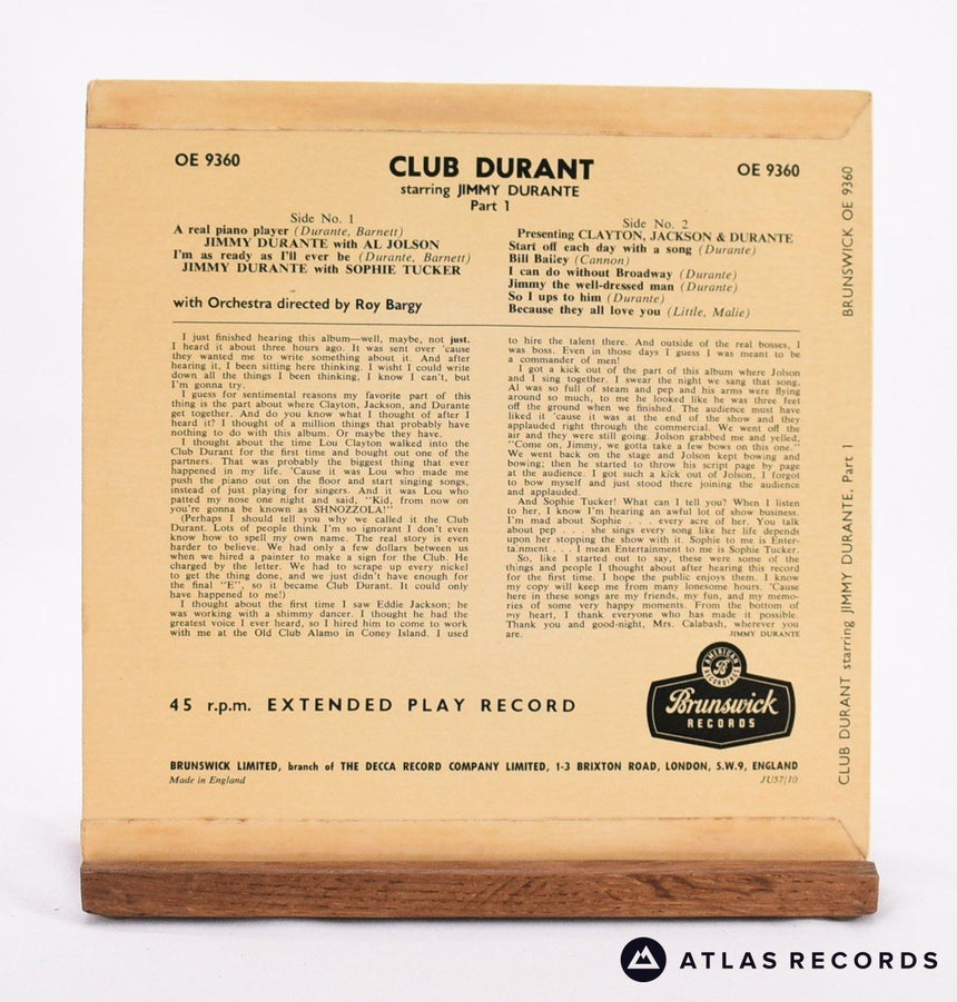 Jimmy Durante - Club Durant Starring Jimmy Durante And His Guests - 7" EP Vinyl Record - VG+/VG